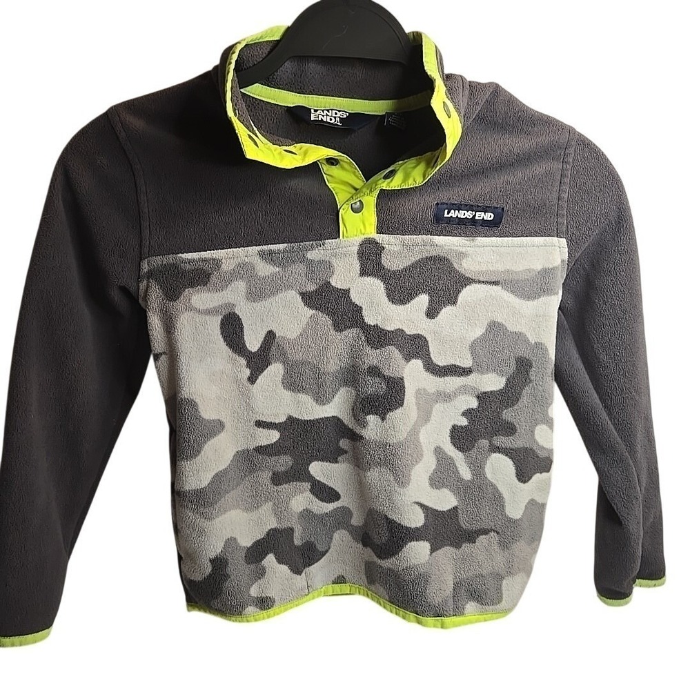 Lands' End Boys Heritage Fleece Snap Neck Sweatshirt Grey Camo Sz 6-7‎ A-007